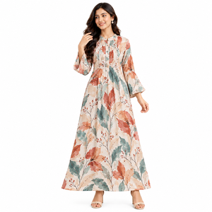 Vestido maxi con estampado floral para mujer, manga larga, plisado frontal, puños acampanados, elegante, línea A, modesto, informal, para fiesta. - Product Image 1