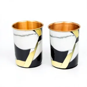 Gobelet en cuivre blanc et bleu à motif chevron, tasse à boire en émail à motif géométrique, vaisselle décorative moderne pour la maison, l'hôtel et le restaurant - Product Image 3