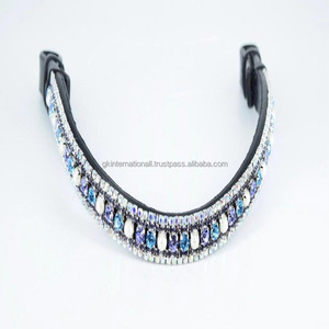 Bandeau de tête de cheval en cuir personnalisé, design à cinq rangées, noir, bleu et cristaux transparents, brillant, diamanté, décoratif, forme de vague - Product Image 1