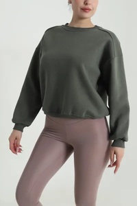 Oversized <b>Crew</b> <b>Neck</b> Waterproof <b>Sweatshirt</b> Breathable Color Blocked Green Beige Long Sleeve Regular Fit Autumn Winter Front - Product Image 2