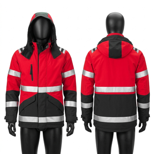 Chaqueta de Seguridad para Hombre, 340 GSM, Tela de Poliéster Impermeable, Panel de Contraste Rojo y Negro, Cinta Reflectante, Logotipo Personalizado, Uniforme - Product Image 1