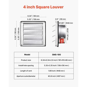 Copertura per Ventilazione a Parete in Acciaio Inox Premium da 4 Pollici, Griglia Quadrata per Condizionatore con Guarnizione in Gomma Fonoassorbente - Product Image 2