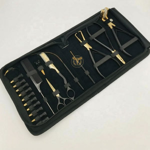 Hair Extension Tool Kit – Stainless Steel Gold & Black Tape <b>Pliers</b> <b>Set</b> with Razor Loop Needle Section Clips&Comb in Zipper Case - Product Image 1