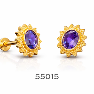 Modernos Pendientes de Botón Florales con Gema Morada en Corte Princesa y Baño de Oro para Mujer, Ideales para Fiestas - Product Image 1