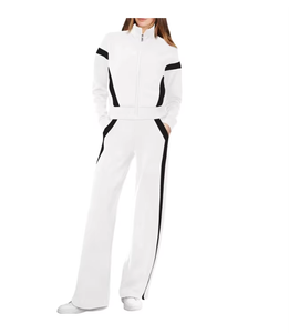 Ensemble de survêtement blanc pour femme, manches longues, fermeture éclair, col montant, blocs de couleur, poches latérales, respirant, décontracté, pour le printemps - Product Image 1