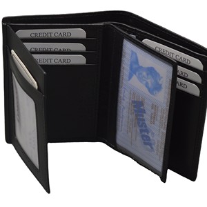 Portefeuille en cuir pour homme de luxe, à trois volets, avec protection RFID, porte-cartes de crédit, fermeture ouverte, petit porte-monnaie à trois volets - Product Image 3