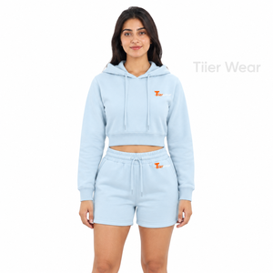 Conjunto de Sudadera con Capucha y Pantalones Cortos Azul Claro para Mujer, 2 Piezas, Traje Deportivo de Felpa con Cordón Ajustable, Transpirable, en Venta - Product Image 2