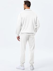 Ensemble de survêtement pour homme, sweat-shirt blanc à demi-zip, couleur unie, coton, vêtements de jogging décontractés, manches longues, pantalon à cordon de serrage, coupe régulière - Product Image 2