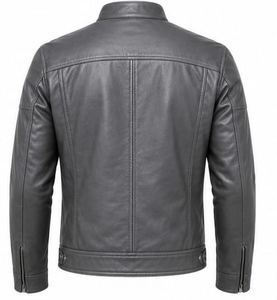 <b>Men's</b> Black Genuine <b>Leather</b> Moto <b>Jacket</b> Stand Collar Zipper Closure Slim Fit Regular Sleeve Solid Color Autumn Wear - Product Image 6