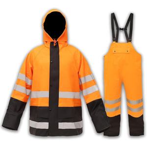 Trajes de lluvia de trabajo personalizados con capucha, tela impermeable y transpirable, diseño reflectante y duradero para condiciones climáticas adversas - Product Image 1