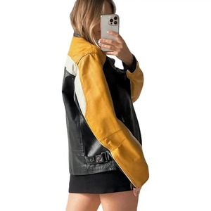 Women’s Black and <b>Yellow</b> Leather Biker Jacket Retro Vintage Moto Racing leather Jacket Handmade <b>Coat</b> Halloween Jacket Gift - Product Image 5