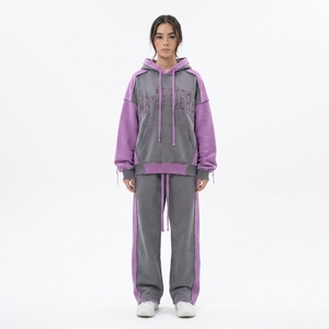 Custom Gray <b>Purple</b> Color Block Hoodie Wide Leg Sweatpants Set Cotton Fleece Streetwear <b>Tracksuit</b> OEM Wholesale - Product Image 1
