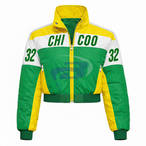 เสื้อแจ็คเก็ตครอปปักลายสำหรับสตรีชมรม Chi Eta Phi  เสื้อผ้าสไตล์กรีก วินเทจ สีเขียวและเหลือง แจ็คเก็ตบอมเบอร์แบบวาร์ซิตี้  โลโก้สั่งทำได้ - Product Image 1