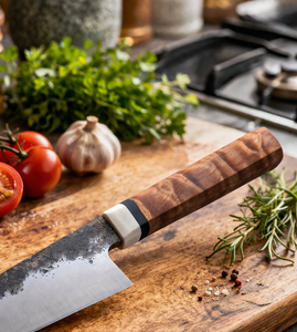 Cuchillo utilitario hecho a mano en acero con alto contenido de carbono, mango de resina, funda de cuero, ambidiestro, apto para lavavajillas, superficie de hoja martillada - Product Image 5