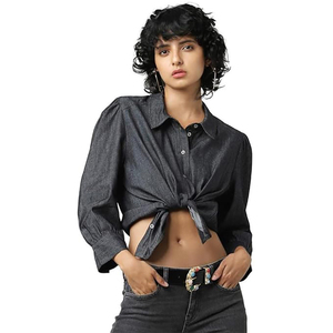 Camisa vaquera oversize gris oscuro para mujer, estilo vintage, con botones, transpirable, de algodón ligero para verano, OEM disponible - Product Image 2