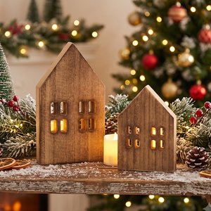 Décorations de maison en bois, 2 pièces, style rustique, pour table de Noël, thème hiver, forêt, ferme, montagne - Product Image 1