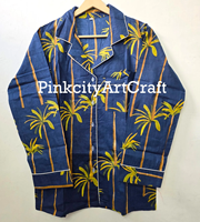 Ensemble de pyjama en coton de luxe fait main, imprimé palmiers tropicaux, bleu indigo, avec passepoil contrastant, confortable pour l'été et l'automne