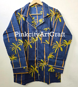 Handcrafted Luxury Cotton Nightwear Tropical Palm Tree Print Indigo Blue Pajama Set Contrast Piping Comfortable Summer Autumn - Product Image 3