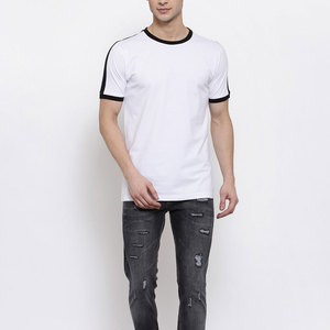 T-shirt blanc à manches courtes pour homme, col rond, bordure contrastée, coupe classique, coton, jersey tricoté, couleur unie, t-shirt décontracté - Product Image 5
