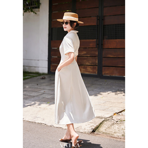 Vestido Camisero Elegante de Poliéster y Elastano para Mujer, Vestido Midi con Botones al Frente, Manga Corta, Corte en A, Vestido Casual de Oficina TESSA - Product Image 4