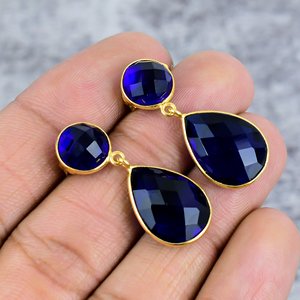 <b>Blue</b> Sapphire Gemstone 925 Sterling Silver Gold Plated Handmade Bezel <b>Stud</b> <b>Earrings</b> for Women Anniversary Gift Wedding Party - Product Image 1