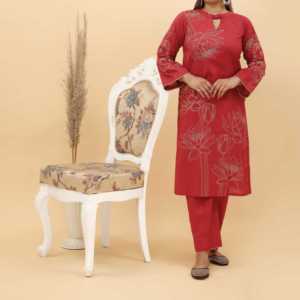 Conjunto de 2 Piezas de Pantalones de Traje para Mujer, Talla S, Color Granate, Estampado, Algodón Cambray, Modelo PS5112 - Product Image 3