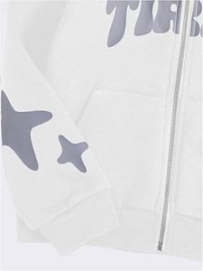 Sudadera con capucha blanca con cremallera, unisex, oversize, de punto, informal, con estampado gráfico frontal 'Never Tired', estilo streetwear de invierno - Product Image 3