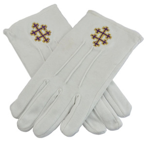 Gants maçonniques en coton blanc avec logo personnalisé, motif croix brodé extensible, longueur poignet, pour usage décontracté et festivals - Product Image 1