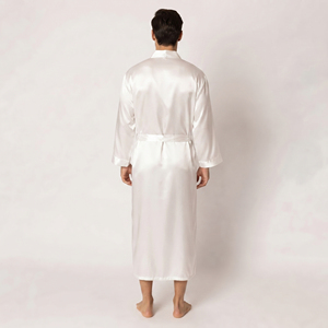 Bata de satén de seda blanca para hombre, manga larga, informal, con cuello en V, suave, con cinturón de seda, para dormir - Product Image 3