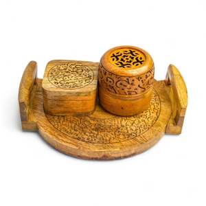 Bela Artisan Mubkhar Set Wooden Bakhoor Burner <b>Gift</b> <b>Box</b> Handmade Incense Holder with Tray and Lid Aromatic Use - Product Image 2
