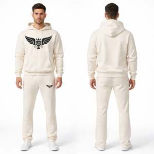 Mens Cream Hoodie Tracksuit Set Cotton Fleece Jogger Set Custom Logo Streetwear Sportswear Casual Sweat Suit - Product Image 1