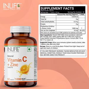 Complément alimentaire certifié GMP INLIFE, vitamine C naturelle 1000 mg, zinc 10 mg, amla, sans gluten, stimulant immunitaire pour adultes, hommes et femmes - 60 comprimés - Product Image 5
