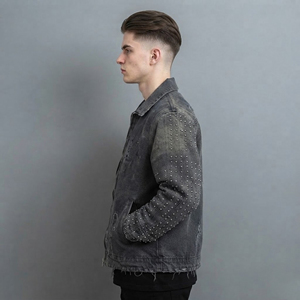 Veste en jean pour homme, sur mesure OEM, 100% coton, tissu denim 14 oz, lavage vintage avec impression laser, logo brodé personnalisé. - Product Image 6