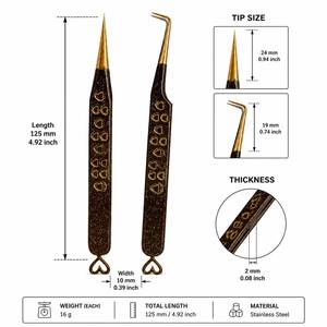 Gold Plated Eyelash Tweezers With Heart Design <b>Brown</b> Handle Precision Tip For <b>Lash</b> Application - Product Image 4