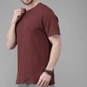 เสื้อยืดคอกลมแขนสั้นสีเบอร์กันดีสำหรับผู้ชาย ทรงปกติ สวมใส่สบาย ผลิตจากผ้าฝ้ายถัก 100% สีพื้น - Product Image 5