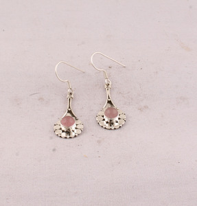 Wholesale Engagement 925 Sterling <b>Silver</b> Natural Rose Quartz <b>Dangle</b> <b>Earrings</b> Vintage Handcrafted Flower Petal Frame Teardrop - Product Image 4
