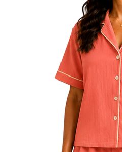 Conjunto de Pijama Rosa Coral para Mujer, Manga Corta, Algodón Popelina, Ropa de Dormir Bordada, Conjunto de Shorts con Botones, Cómodo para el Verano - Product Image 3
