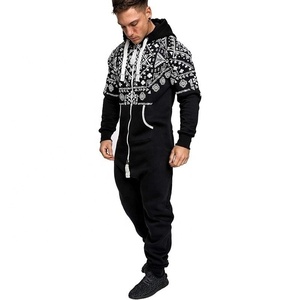 New Casual Men's Printed Romper With Front Zipper Sublimated Drawstring Hood Track Suit Zip Sleeping Wear <b>Knickers</b> Sweat Suit - Product Image 5