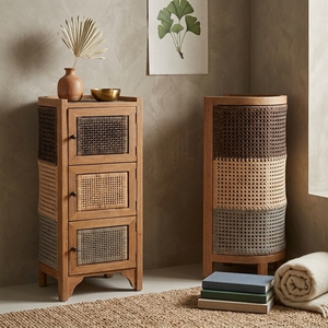 New Modern <b>Minimalist</b> Tri-Muka Wooden Storage Cabinet Natural Rattan Webbing 3 Doors Tri-Color Side <b>Table</b> Storage Nightstand - Product Image 3