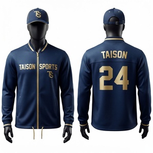 Veste d'entraînement de baseball unisexe 330 GSM en polyester tricoté haute performance, bleu marine et or, avec fermeture éclair sur le devant et bordure côtelée, personnalisable avec nom et numéro par transfert thermique - Product Image 1