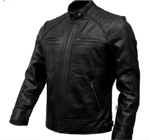Veste moto en cuir véritable noir pour homme, col montant, fermeture éclair, coupe ajustée, pour l'automne - Product Image 3