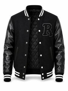 Unisex <b>Black</b> Varsity <b>Jacket</b> Wool/Polyester Embroidered Patchwork Letter R Front Casual Streetwear Turn-down Collar Regular Fit - Product Image 4