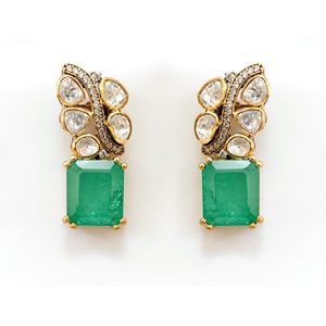 925 Silver Victorian Emerald Square Cut Stone Polki <b>Necklace</b> Earring <b>Set</b> <b>Indian</b> Bridal Handmade Ethnic Antique Gold Fine Jewelry - Product Image 3