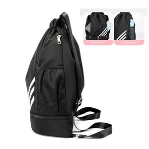 Unisex <b>black</b> drawstring <b>backpack</b> Mesh side pockets for storage Zippered bottom compartment Outdoor sports casual use - Product Image 5
