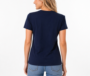 T-shirt à manches courtes col rond bleu marine pour femme, coupe classique, imprimé lettres, tissu jersey 100% coton, à porter toute l'année - Product Image 2