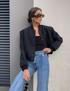 Chaqueta Corta Negra para Mujer, Cuello Alto, Manga Larga, Cierre de Botones, Tejido de Poliéster, Estilo Minimalista Casual para Otoño - Product Image 4