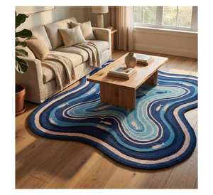 Alfombra de lana hecha a mano con diseño de ondas azules del océano, forma irregular de ameba, motivo de pez, alfombra 3D personalizada con mechones para un diseño de lujo. - Product Image 1