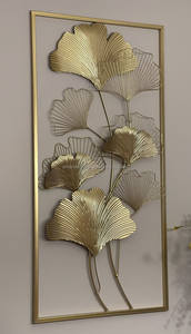 Sculpture murale florale en métal encadrée de style nordique, artisanale, branche de fleur dorée et bleue, plaque décorative à suspendre au mur - Product Image 2