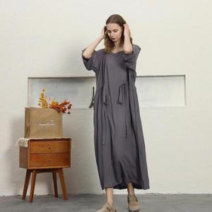 Boho Chic Plain Grey Cotton Linen Maxi <b>Dress</b> O-neck 3/4 Sleeve <b>Loose</b> Fit Tie Waist Summer Casual <b>Dress</b> For Women - Product Image 5