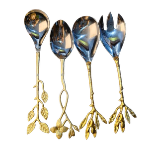Juego de Cubiertos Botánico de 4 Piezas Inspirado en la Naturaleza con Mangos Esculpidos en Oro con Diseño de Hojas y Enredaderas y Cabezas Plateadas Pulidas - Product Image 1